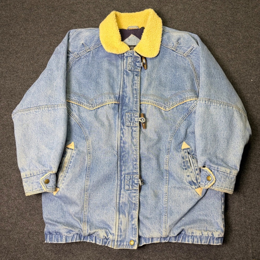 Vintage Andy Johns Denim Jacket Mens M Blue Sherpa Collar Toggle Barn Coat